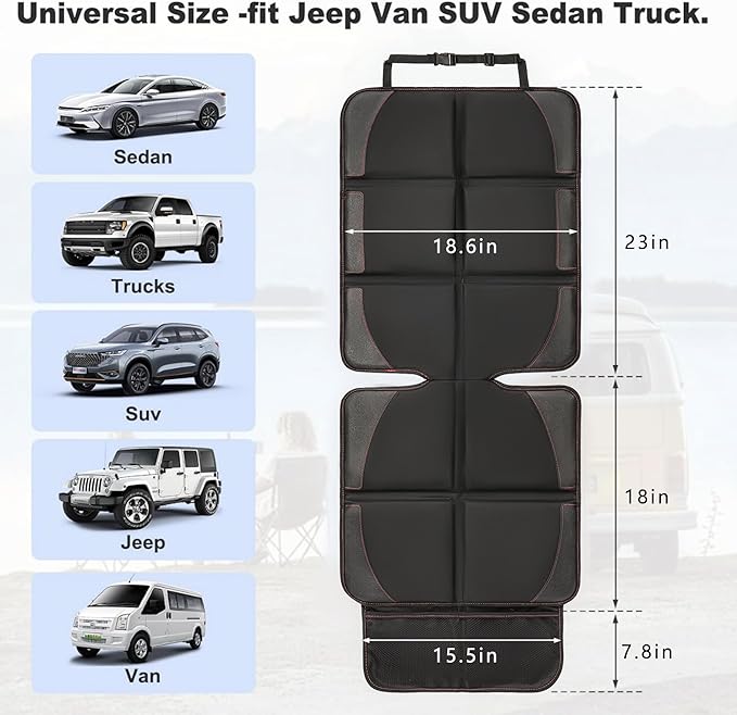 Car Seat Protector 2 Pack Baby Car Seat Covers with Mesh Pockets & Non-Slip Backing 600D Durable Seat Protector Under Baby Car Seat (Black & Red, Large)-BubblyBeeBaby