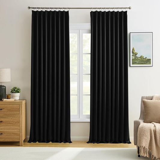 KEQIAOSUOCAI Black Pinch Pleated 60 Inch Wide Curtains 60 x 95, Thermal Insulated Noise Cancelling Living Room Office Drapes 95 Inches Long, Patio Sliding Glass Door Window Curtain 2 Panels-BubblyBeeBaby