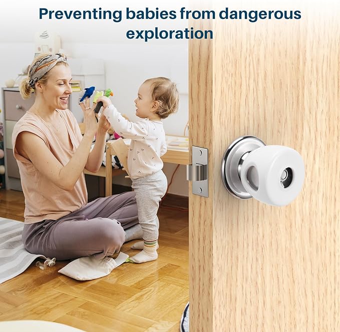 Inaya Baby Proofing Door Knob Cover (4 Pack) - Prevent Children from Opening Doors, Fit Most Round Knobs - Door Knob Safety Cover for Kids, Child Proof Door Lock, Child Proof Door Locks - White-BubblyBeeBaby