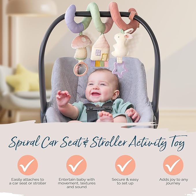 Itzy Ritzy Spiral Car Seat & Stroller Activity Toy - Stroller & Car Seat Toys for Ages 0 Months and Up - Hanging Toys Include Dangling Ring, Mirror and Textured Ribbons (Pastel Rainbow)-BubblyBeeBaby