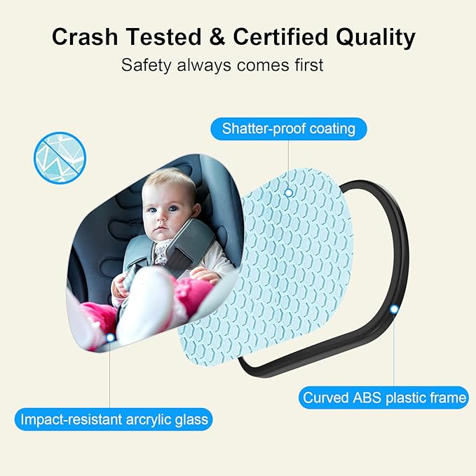 Baby Car Mirror, Safety Car Seat Mirror for Rear Facing Infant, Clear Wide View, 360°Rotation, Easily Observe the Baby Move, Secure, Shatterproof, Crash Tested and Certified (2-Pack)-BubblyBeeBaby