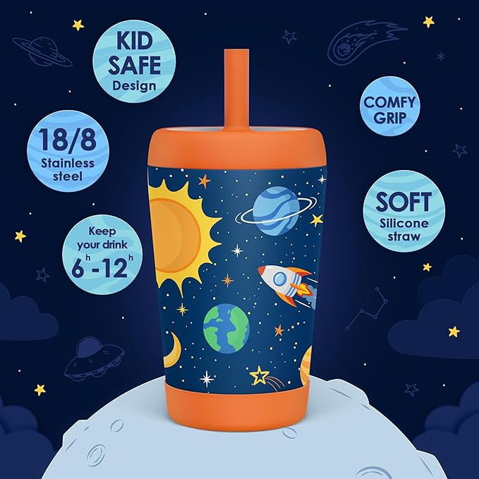 Kid Insulated Stainless Steel Tumbler with Silicone Straw, 12oz Sippy Cup for Kids (Outer Space)-BubblyBeeBaby