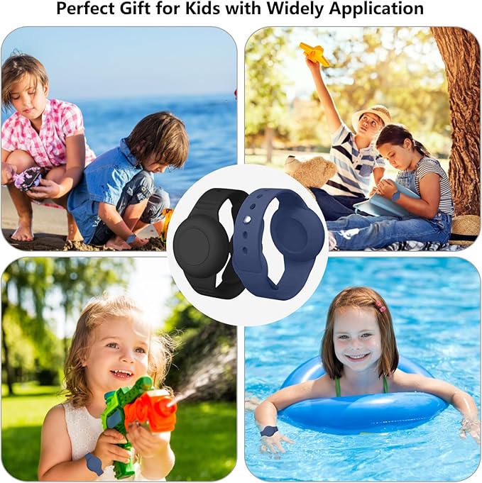 2 Pack Waterproof Airtag Wristband Kids - Anti-Lost Silicone Airtag Holder Cases for Toddler - GPS Tracker Watch Band (Black+Blue)-BubblyBeeBaby