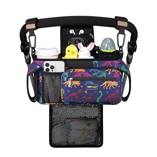 TOPDesign Universal Baby Stroller Organizer, Stroller Caddy with Detachable Mesh Bag & Heightened Insulated Cup Holders & Non-Slip Secure Hooks Accessories, Fits Most Strollers (Dino Fossils)-BubblyBeeBaby