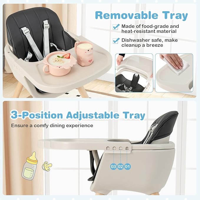 HONEY JOY Baby High Chair, 6-in-1 Eat & Grow Wooden Highchair/Toddler Chair with Removable Tray, 5-Point Harness, PU Cushion and Footrest, Convertible High Chair for Babies and Toddlers(Black)-BubblyBeeBaby