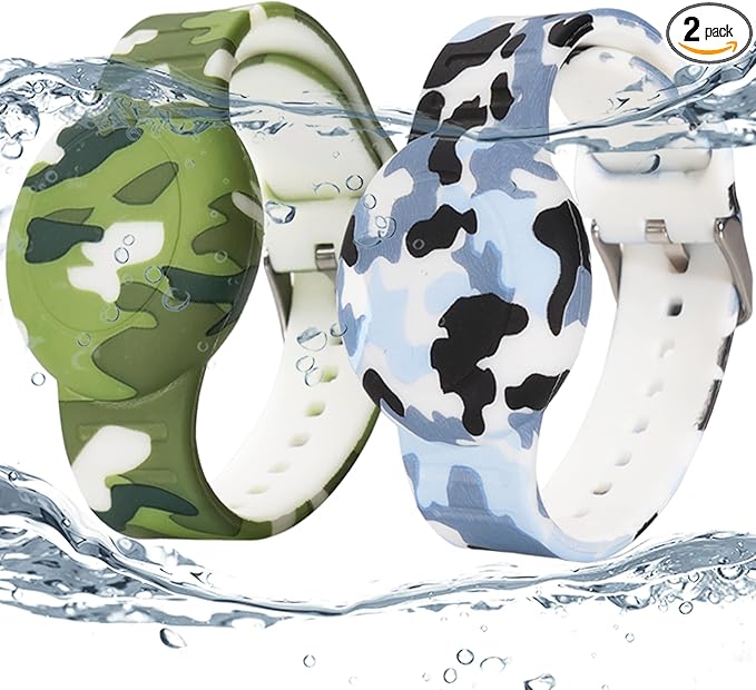 2 Pack Waterproof AirTag Bracelet for Kids, Hidden Printed Wristband for Apple Air Tag, Silicone AirTag Holder GPS Tracker Case for Band for Child Toddler, Secure Anti-Lost Protection(Camouflage)-BubblyBeeBaby