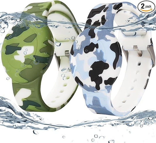 2 Pack Waterproof AirTag Bracelet for Kids, Hidden Printed Wristband for Apple Air Tag, Silicone AirTag Holder GPS Tracker Case for Band for Child Toddler, Secure Anti-Lost Protection(Camouflage)-BubblyBeeBaby
