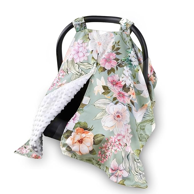 Car Seat Cover Baby, Flroal Infant Car Seat Canopy Covers for Newborn Girls Boys, Soft Breathable Minky Carseat Covers Stretchy Multi-Use Nursing Cover for Stroller Baby Car Seat, Green Leaf-BubblyBeeBaby