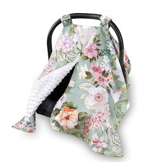 Car Seat Cover Baby, Flroal Infant Car Seat Canopy Covers for Newborn Girls Boys, Soft Breathable Minky Carseat Covers Stretchy Multi-Use Nursing Cover for Stroller Baby Car Seat, Green Leaf-BubblyBeeBaby