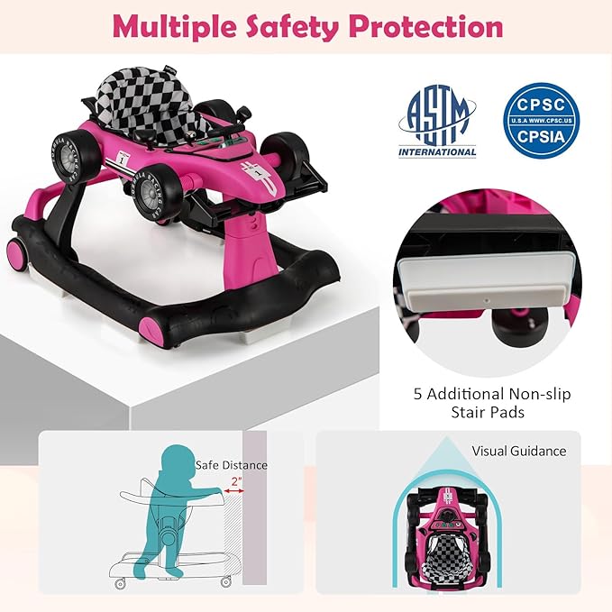 HONEY JOY 4-in-1 Baby Walker, Activity Push Walker w/3 Adjustable Heights, Smooth Wheels w/Adjustable Speed, Padded Seat, Music & Light, Foldable Car Walker for Baby Boys Girls Age 6 Months+ (Pink)-BubblyBeeBaby