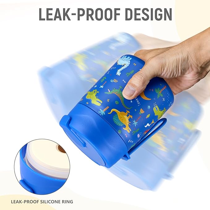 17oz Soup Thermo for Hot Food Kids Insulated Vacuum Food Jar with Stainless Steel Spoon Wide Mouth Thermo Leakproof Lunch Food Container Kids Hot Lunch Box (Blue-Dinasour)-BubblyBeeBaby