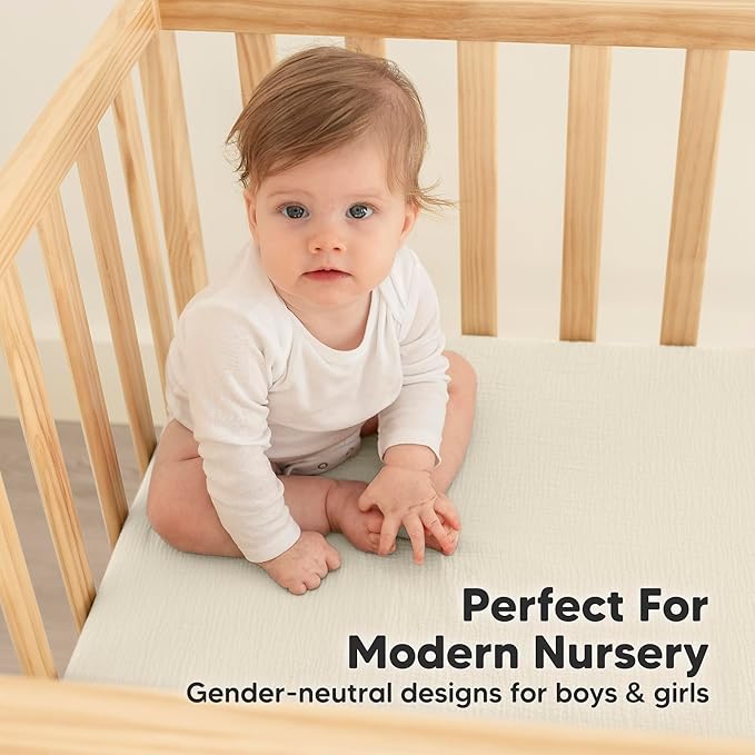 KeaBabies 2-Pack Muslin Crib Sheets for Boys, Girls - 100% Organic Cotton Fitted Baby Crib Mattress Sheet, Soft Breathable Standard Toddler Bed Cover Bedding Set, Neutral, Durable 52x28 (Greige)-BubblyBeeBaby