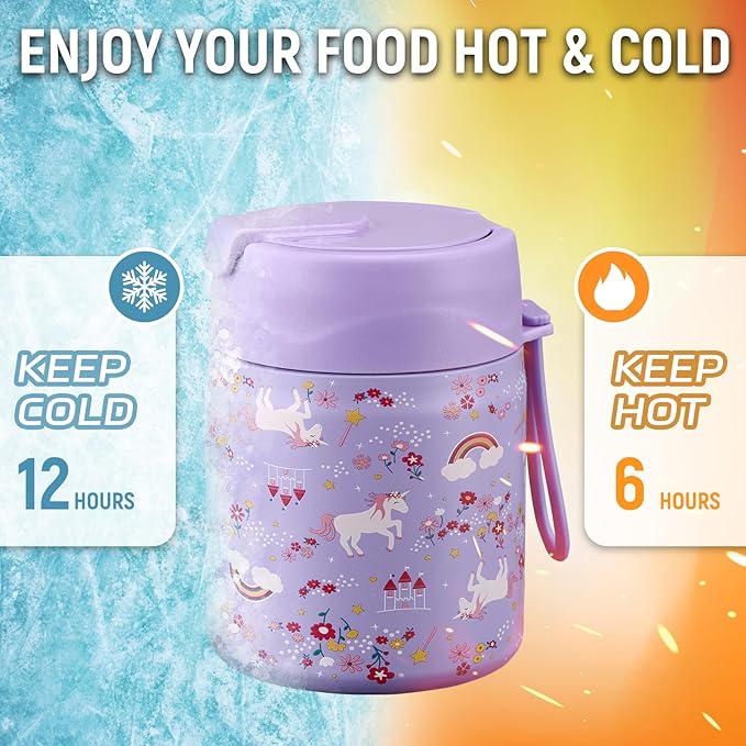 17oz Soup Thermo for Hot Food Kids Insulated Vacuum Food Jar with Stainless Steel Spoon Wide Mouth Thermo Leakproof Lunch Food Container Kids Hot Lunch Box (Purple-Horse)-BubblyBeeBaby