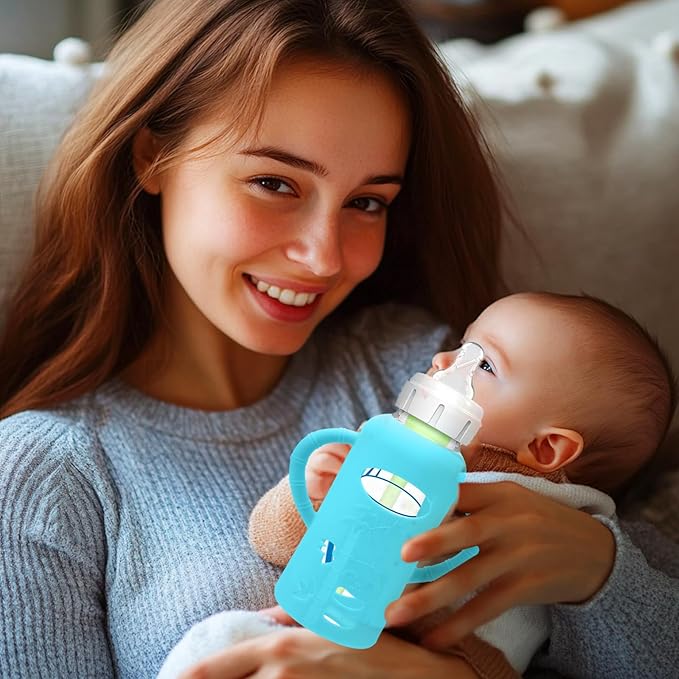 4 Pack Silicone Sleeves for Dr. Brown's Glass Baby Bottles - Drop Protection Baby Bottle Sleeves,Compatible with Dr. Brown's Newborn Glass Bottles,with Silicone Handles,8 oz-BubblyBeeBaby