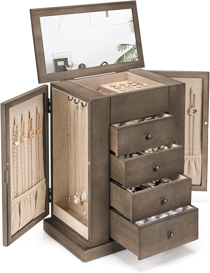 Jewelry Box for Women, 5 Layer Large Wood Jewelry Boxes & Organizers for Necklaces Earrings Rings Bracelets, Rustic Jewelry Organizer Box with Drawers and Mirror(Weathered Gray)-BubblyBeeBaby