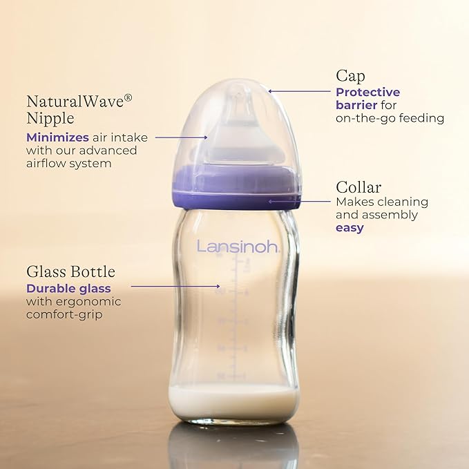 Lansinoh Anti-Colic Glass Baby Bottles, 5 Ounces, 4 Count Bottles for Feeding, Baby Essentials, Includes 4 Slow Flow Nipples, Size S-BubblyBeeBaby