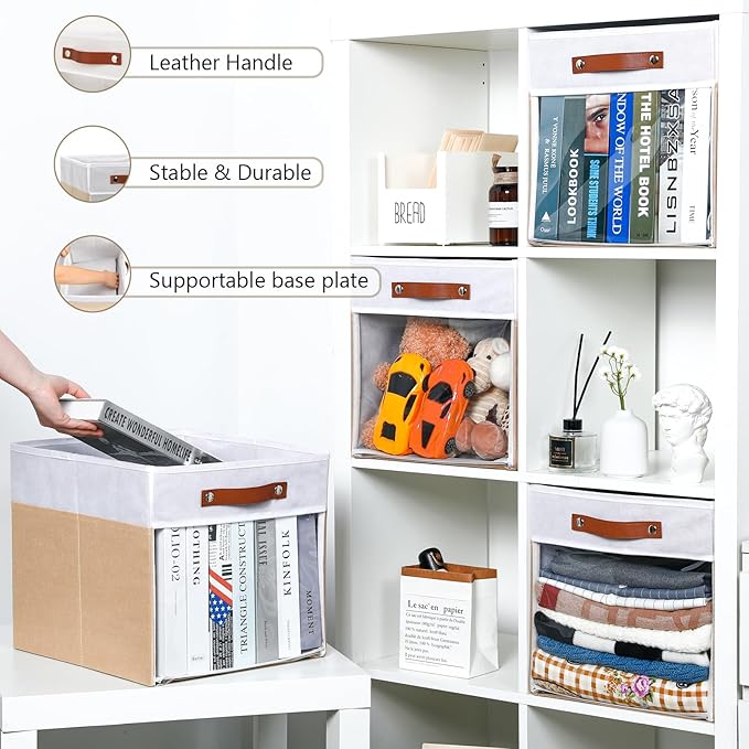 HNZIGE Fabirc Storage Cube Bins 13x13x15 Storage Cube Bins, 4 Pack Foldable Decorative Clear Cube Storage Bins for Cube Organizer Canvas Cubby Storage Organizer Bins for Shelves Pantry- White Beige-BubblyBeeBaby