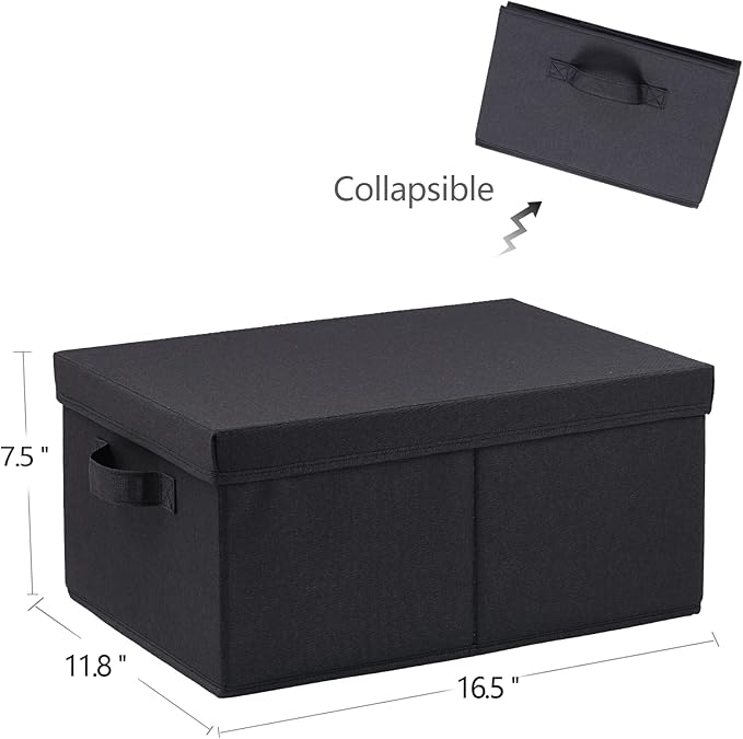 HOONEX Storage Bins with Lids for Organizing, Pack of 2, Storage Boxes with 2 Carrying Handles and Sturdy Heavy Cardboard, 16.5" L x 11.8" W x 7.5" H for Shoes, Books, Clothes, Black-BubblyBeeBaby