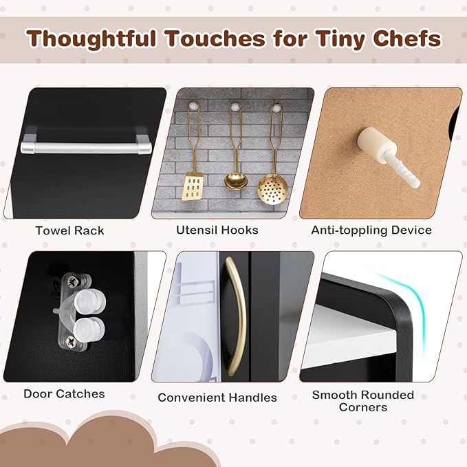 HONEY JOY Kids Kitchen Playset, Wooden Little Chef Pretend Toy Kitchen Set w/Chalkboard, Telephone, Utensils, Oven, Microwave, Sink, Storage, Play Kitchen for Toddlers Boys Girls, Black-BubblyBeeBaby