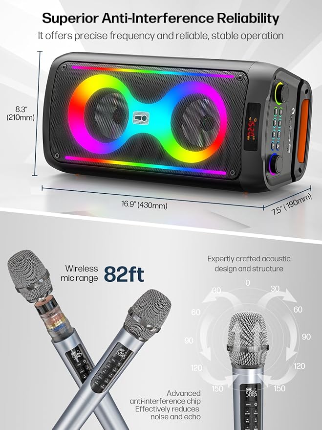 Karaoke Machine for Adults, Portable Bluetooth Speaker with 2 Wireless Microphones, PA System with Disco Lights for Big Party, Outdoor, Supports USB/TF/REC/FM/AUX, Ideal Gifts for Family, Music Lover-BubblyBeeBaby