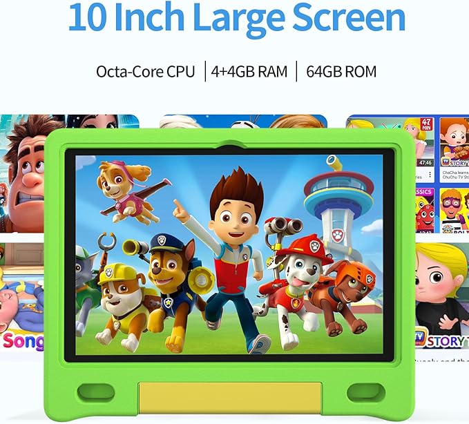 JREN Kids Table 10.1" ｜Android 14 Tablet for Kids｜64GB Storage｜Octa-Core｜WiFi ｜Cameras｜Parental Control｜Kids Content｜Case Included Great Gift for Children Ages 3-12 Years Old Green-BubblyBeeBaby