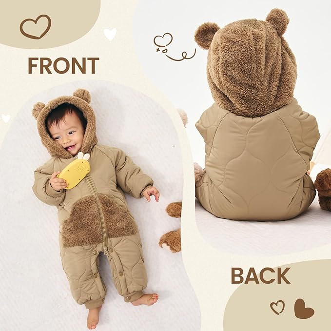 JiAmy Baby Snowsuit Newborn Winter Clothes Coat Romper Windproof Fleece Hat Zipper Baby Bear Outfit-BubblyBeeBaby