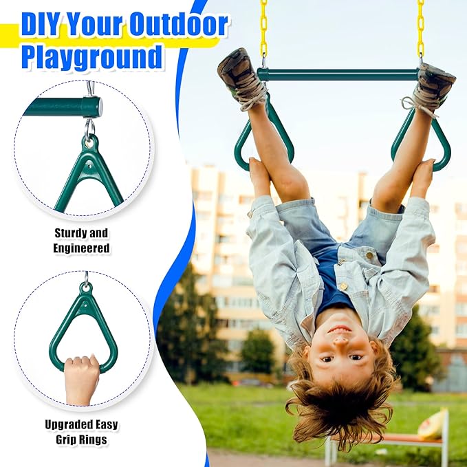 Hungdao 2 Set Gym Ring Trapeze Swing Bar and Climbing Rope with Platforms Disc Heavy Duty Coated Chains Seat Accessories for Outdoor Indoor Playground Backyard(Green)-BubblyBeeBaby