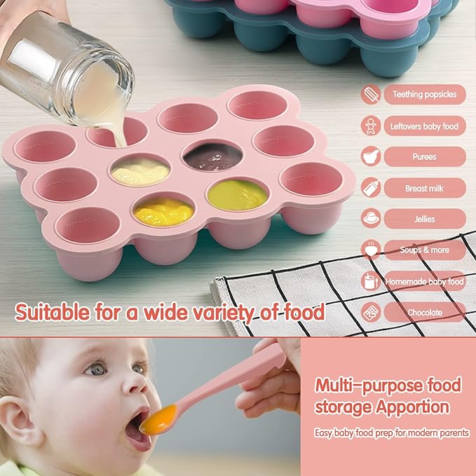 12x1.5oz Baby Food Freezer Tray with Clip Lid Gossamer Pink | Food Grade Silicone Storage Containers for Purees & Vegetables-BubblyBeeBaby