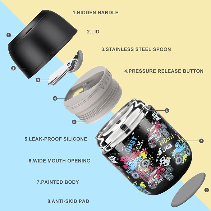 17 oz Insulated Lunch Containers Hot Food Jar, Wide Mouth Lunch Thermo for Kids Adults, Vacuum Stainless Steel Lunch Box With Handle Folding Spoon for School, Office Black - Car-BubblyBeeBaby