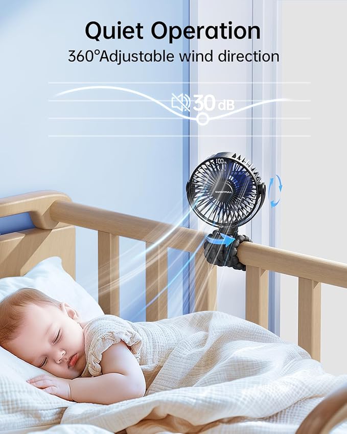 SWEETFULL Portable Stroller Fan with Display 4000mAh Battery Powered Mini Clip On Fan, 4-Speed Rechargeable Small Personal Cooling for Baby Car Seat Crib Travel - Black-BubblyBeeBaby