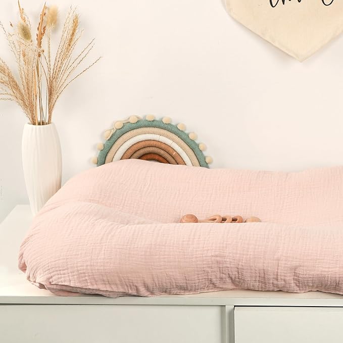 Hooyax Baby Lounger Cover 2 Pack - 100% Muslin Cotton Newborn Lounger Pillow Covers Only, Soft Breathable Infant Lounger Cover with Reinforced Stitching, Fits Most Standard Baby Loungers (Pink Wheat)-BubblyBeeBaby