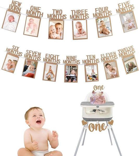 1st Birthday Photo Banner Decorations Monthly Milestone Photograph Bunting Garland with First Birthday Cake Topper High Chair Banner 1st Birth Decorations-BubblyBeeBaby
