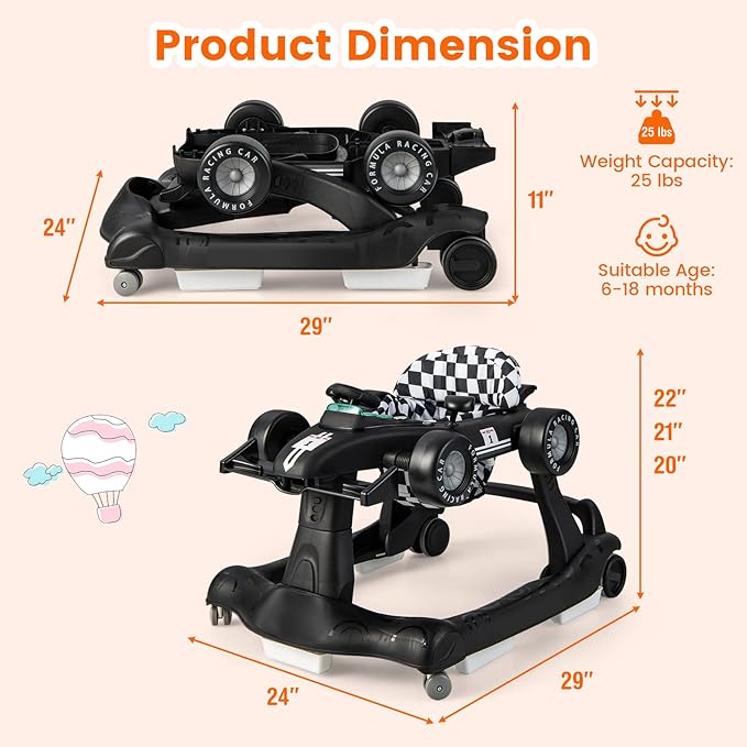 HONEY JOY 4-in-1 Baby Walker, Activity Push Walker w/3 Adjustable Heights, Smooth Wheels w/Adjustable Speed, Padded Seat, Music & Light, Foldable Car Walker for Baby Boys Girls Age 6 Months+ (Black)-BubblyBeeBaby