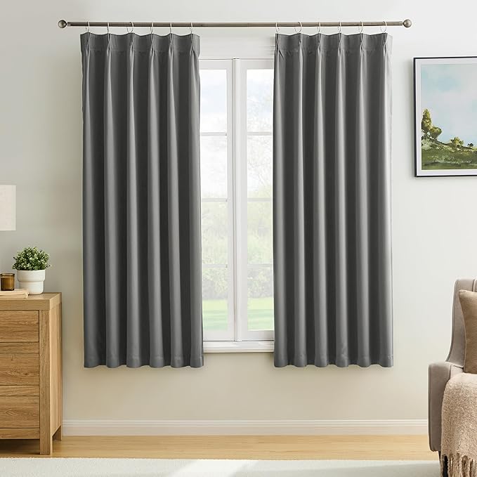 KEQIAOSUOCAI Blackout Bedroom Curtains 63 Inches Long, Thermal Insulated Short Pinch Pleated Vertical Drapes for 62 Inch Home Office/Bay Windows/Basement(Grey,40"x63"x2 Panels)-BubblyBeeBaby
