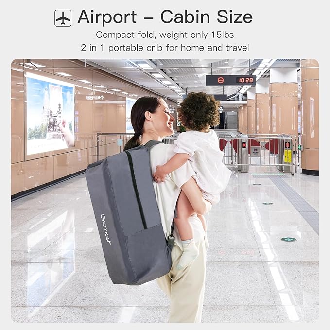 2 in 1 Portable Travel Crib for Toddler, Foldable Crib for Baby, Lightweight Playpen Collapsible Playard with Soft Mattress, Easy to Carry Baby Travel Bed for Outdoor, Indoor (Grey)-BubblyBeeBaby