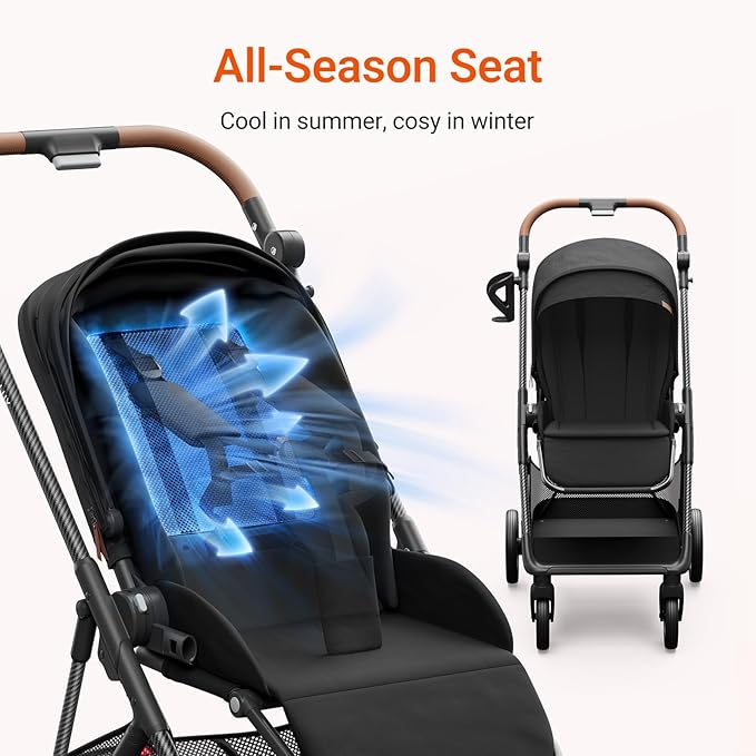 Air Lux Baby Stroller with Carbon Fiber Frame, One-Hand Fold & Reversible Seat, Magnetic 5-Pt Harness, Car Seat Adapter, 15.8lbs, Meteorite-BubblyBeeBaby