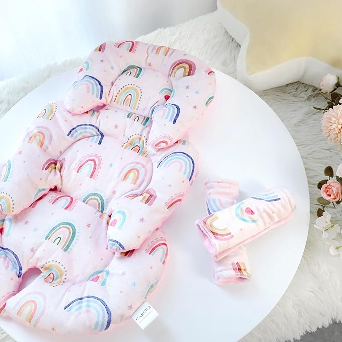 Infant Car Seat Insert, Car Seat Head Support Baby Girls Boys, Soft & Reversible Newborn Carseat Insert Cushion with 2 Strap Covers, for Stroller, Swing, Bouncer (Pink Rainbow)-BubblyBeeBaby
