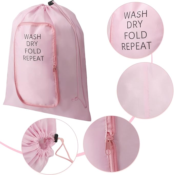 2 Pcs Travel Laundry Bag Washable Dirty Clothes Bag with Drawstring and Zipper for Suitcase, 22 x 18 Inch (Pink, Blue,Classic)-BubblyBeeBaby