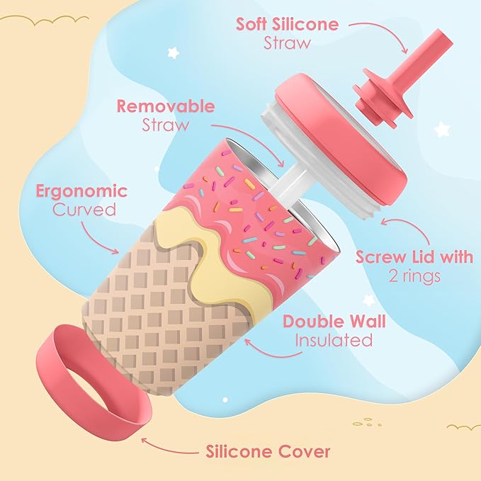 Kid Insulated Stainless Steel Tumbler with Silicone Straw, 12oz Sippy Cup for Kids (Sweet Ice Cream)-BubblyBeeBaby