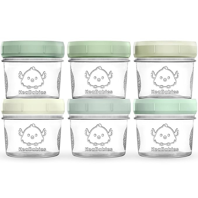 KeaBabies 6pk 4oz Glass Baby Food Containers with Lids - Leak-Proof, Microwavable Small Glass Jars, Baby Purees & Toddler Snack Storage Containers, BPA-Free, Dishwasher & Freezer Safe (Sage)-BubblyBeeBaby