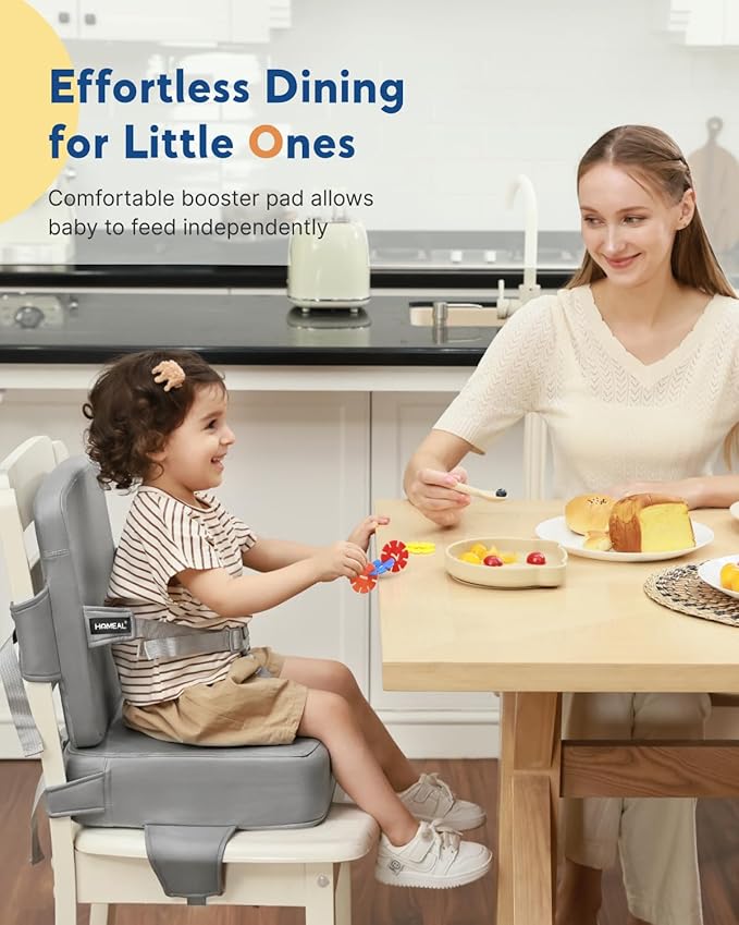 HOMEAL Booster Seat for Kitchen Chair - Compact Toddler Dining Seat with Easy-Install Straps & Wipeable Surface - Breathable Fabric Booster Seat for Table - Light Gray-BubblyBeeBaby
