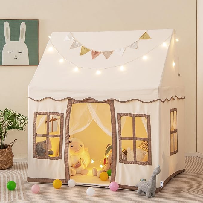 INFANS Kids Play Tent with Washable Mat Star Light Windows, Anti-Trip Large Playhouse Toys for Children Boys Girls, Indoor Outdoor Princess Tents Castle for Toddlers (Beige)-BubblyBeeBaby