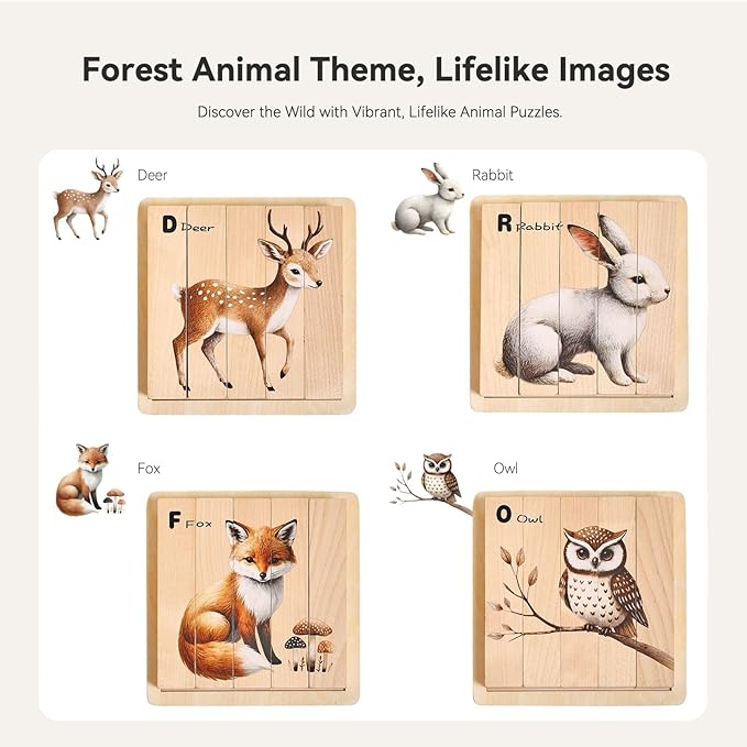 IEATFO 4 in 1 Wooden Animal Chunky Puzzle, 5 Solid Wood Puzzle Blocks with 4 Sides Realistic Forest Animals, Wooden Block Puzzle with Durable Base for Toddlers 3+ Years - Montessori Inspired-BubblyBeeBaby