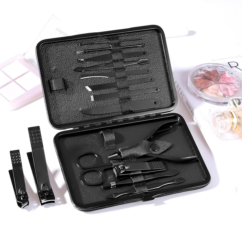 Manicure Pedicure Kit Nail Clippers Set Fingernails & Toenails Vibrissac Scissor 5 Pieces Best Care Tools for Man & Women with Travel Case (Gray/Black_A) (Dark 15 Pieces)