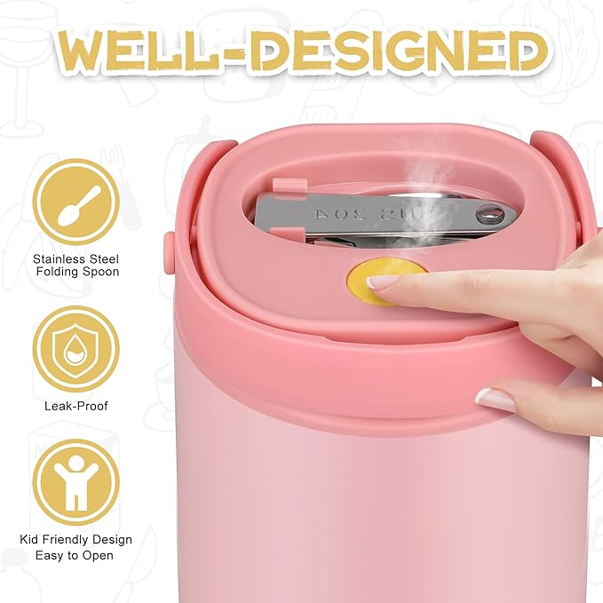 2 - in - 1 Soup Thermo for Hot Food 14oz with Snack Box Container Leak Proof Insulated Lunch Container Kids and Adults Stainless Steel Double Wall Vacuum Wide-mouth Thermal with Spoon and Handle-BubblyBeeBaby
