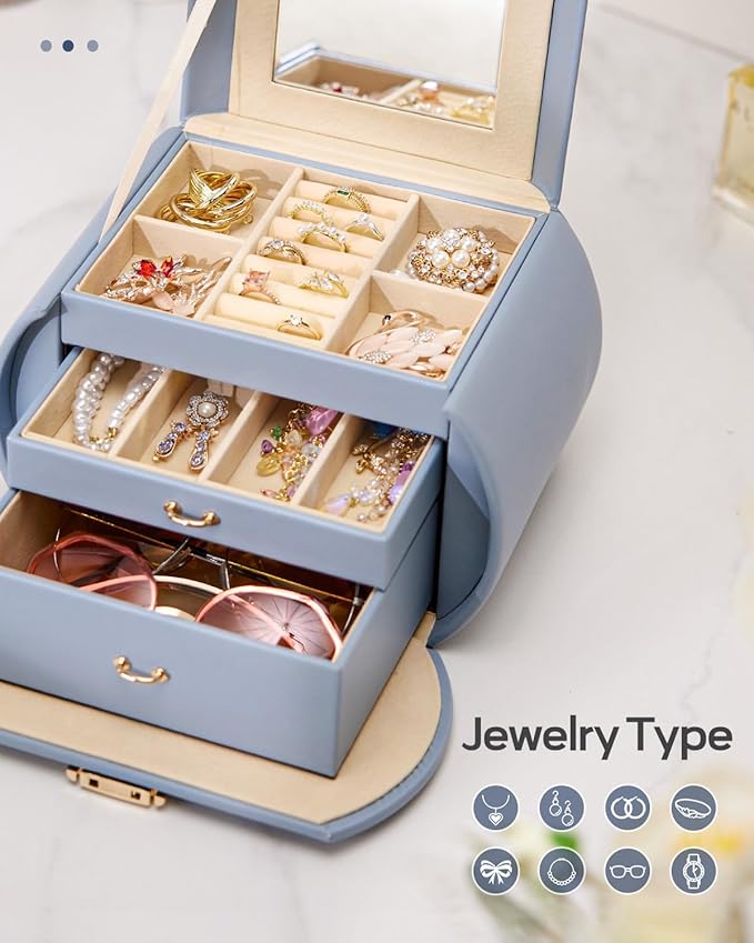 Homde Girls Jewelry Box Jewelry Storage Case Organizer Faux Leather with Mirror for Rings, Earrings, Bracelets, Necklaces (Grey Blue)-BubblyBeeBaby