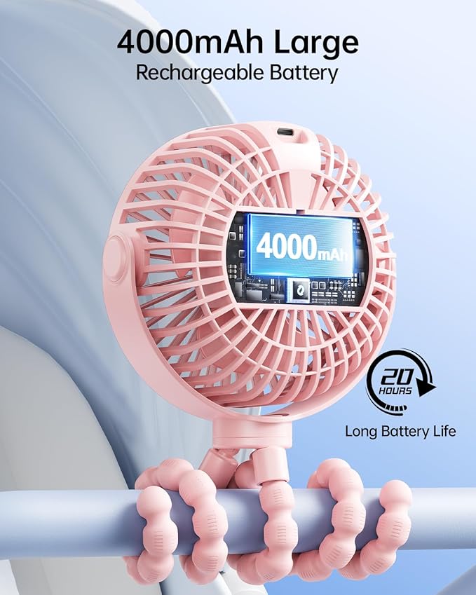 SWEETFULL Portable Stroller Fan with Display 4000mAh Battery Powered Mini Clip On Fan, 4-Speed Rechargeable Small Personal Cooling for Baby Car Seat Crib Travel - Pink-BubblyBeeBaby