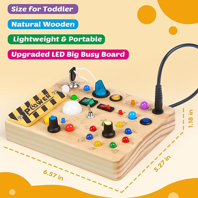 Joyreal Montessori Toddler Busy Board, 19 Led Wooden Sensory Board Educational Toy, Montessori Toys for 1-6 Year Old, Travel Toys Gifts for Toddlers Boys and Girls-BubblyBeeBaby