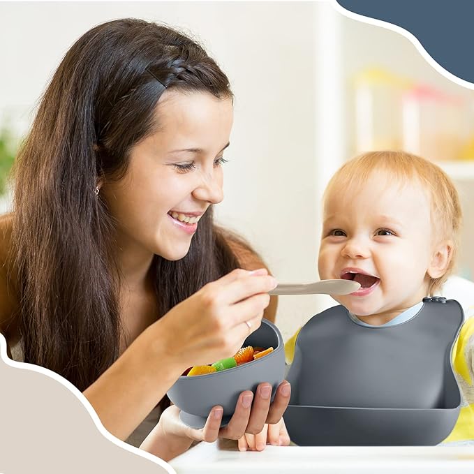 10 Pack Silicone Baby Feeding Set, Toddlers Led Weaning Feeding Supplies with Suction Baby Bowl Divided Plate Adjustable Bib Soft Silicone Spoon Fork, Infant Self Eating Utensil Set (Gray, Khaki)-BubblyBeeBaby