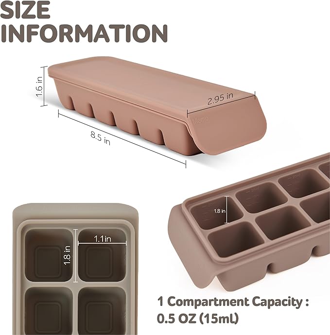 12 Section-0.5oz, Gray 100% Food Grade Silicone Ice Cube Tray Food Container with Airtight Locking Lid, Fruit Vegetable Purees, Breastmilk Storage for Baby & Toddler Food | BPA Free Korea Made-BubblyBeeBaby